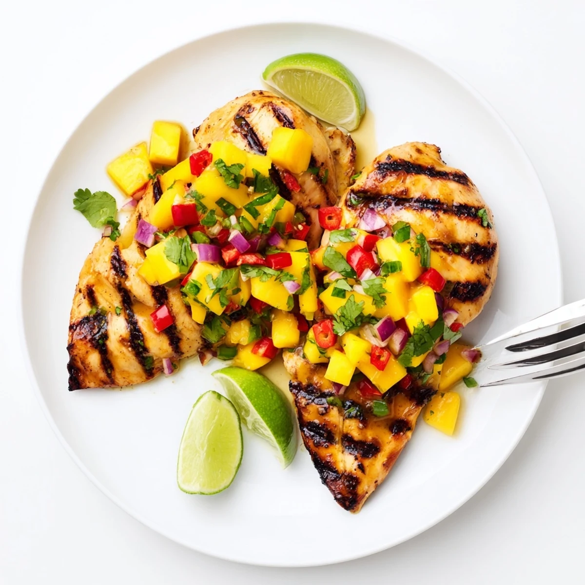 Golden grilled honey lime chicken topped with colorful tropical mango salsa on a plate