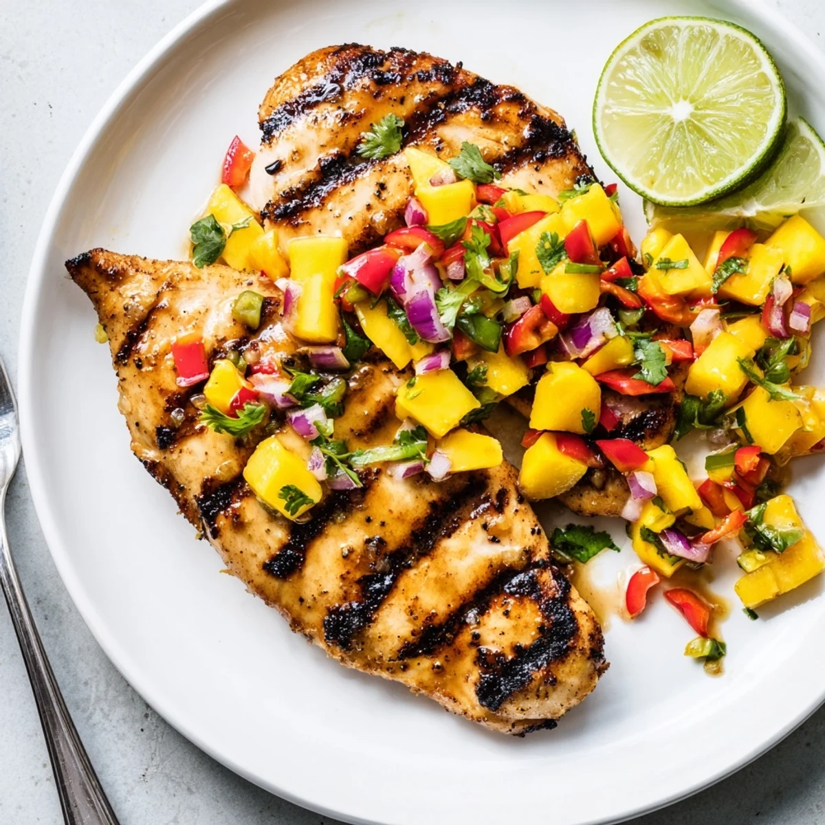 Sliced honey lime chicken drizzled with vibrant mango salsa and fresh cilantro garnish