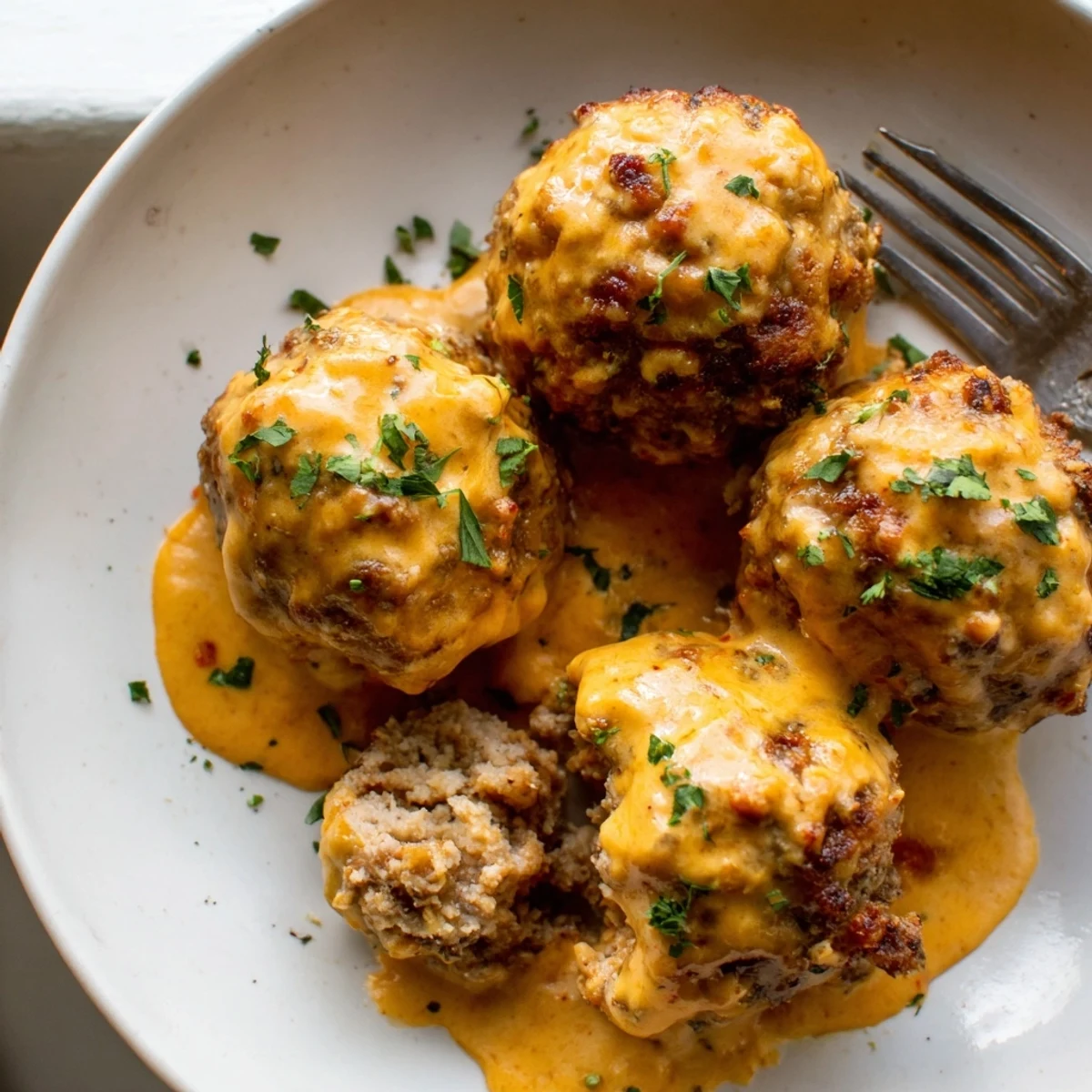 Golden baked cheese stuffed meatballs drizzled with creamy spicy cheese sauce on a rustic plate
