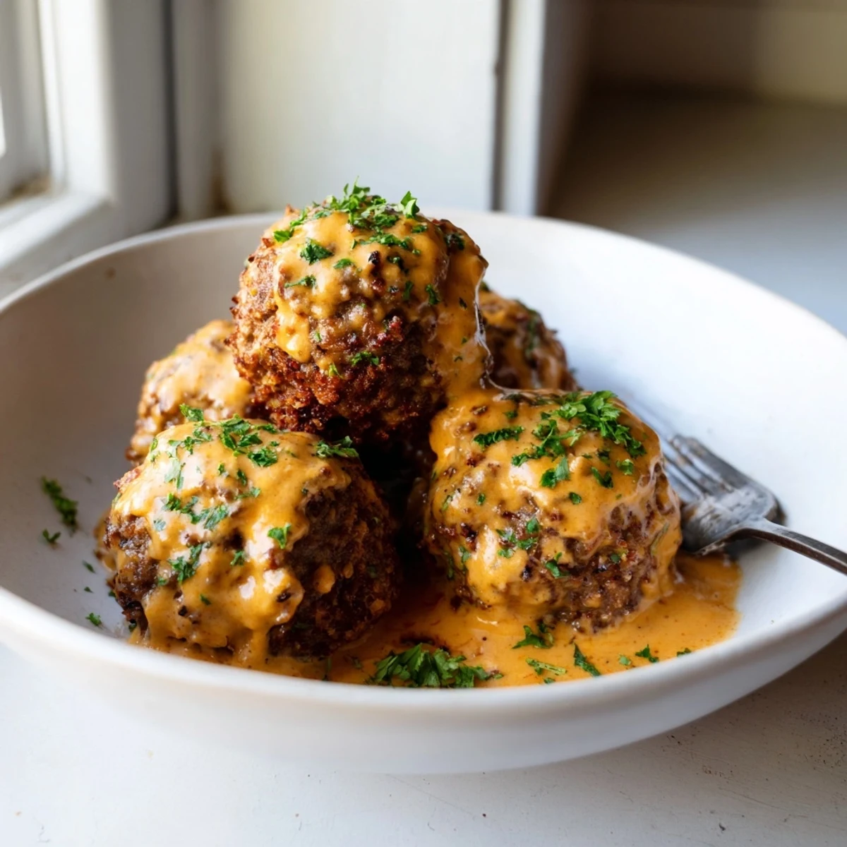 Cheese stuffed meatballs with spicy cheese sauce served hot over a bed of pasta