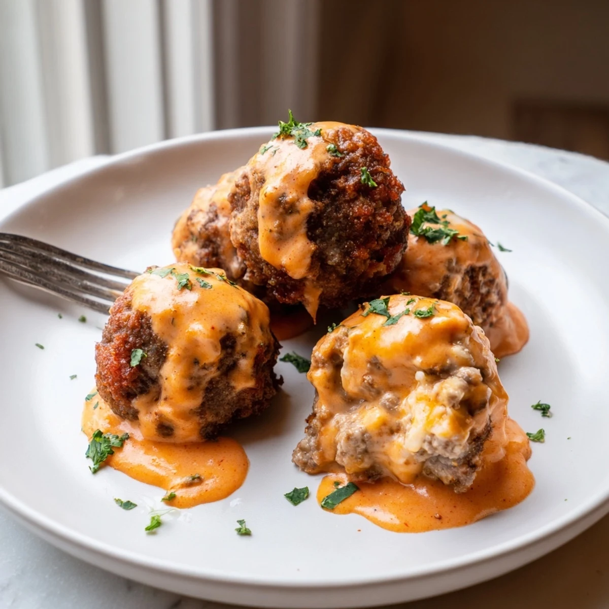 Close-up of juicy cheese stuffed meatballs smothered in rich spicy cheese sauce with fresh parsley