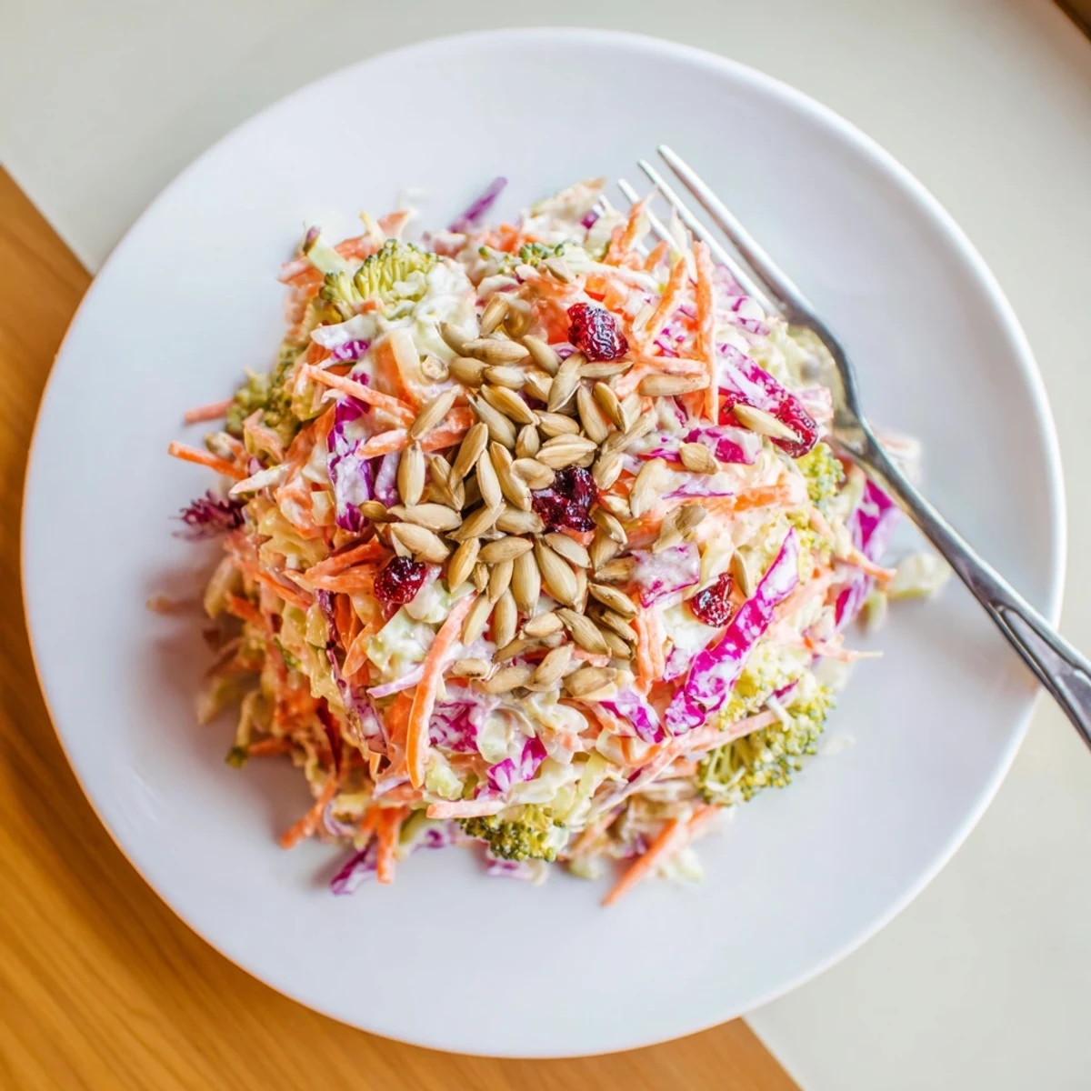 Bright and crunchy broccoli slaw tossed in tangy dressing on a rustic plate