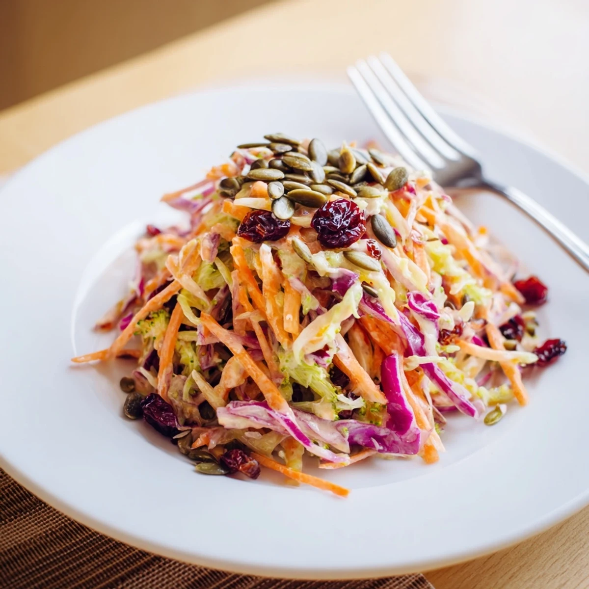 Creamy broccoli slaw with shredded carrots, cranberries, and sunflower seeds in a bowl