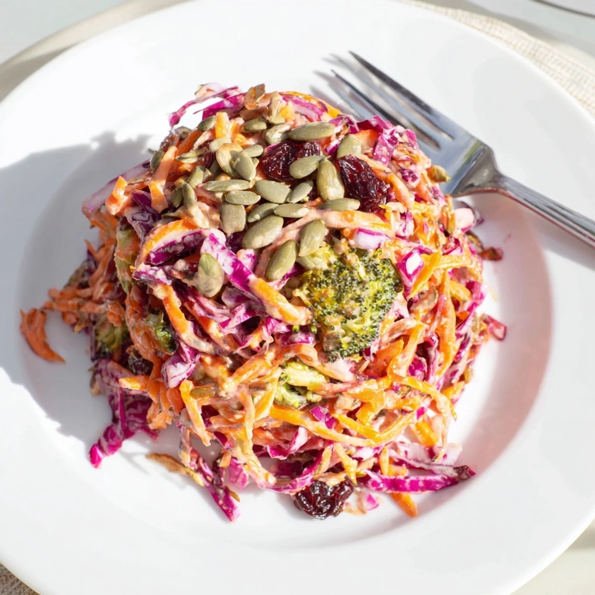 Colorful broccoli slaw salad topped with red onion and almonds, perfect for picnics