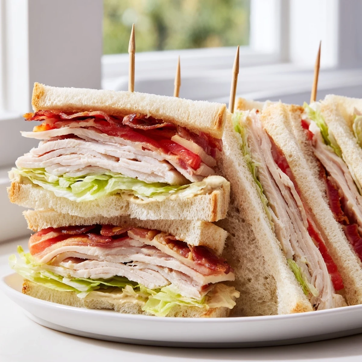Club Sandwich stacked high with turkey, bacon, lettuce, and tomato on toasted bread