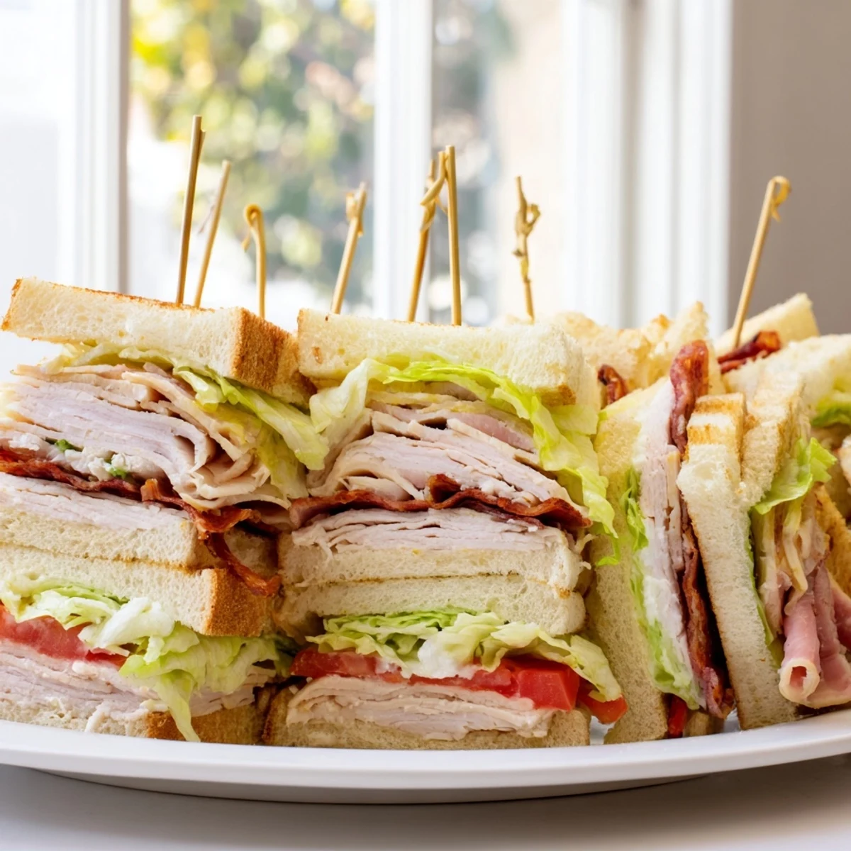 Triple-decker Club Sandwich cut into quarters showing layers of meat and crisp vegetables