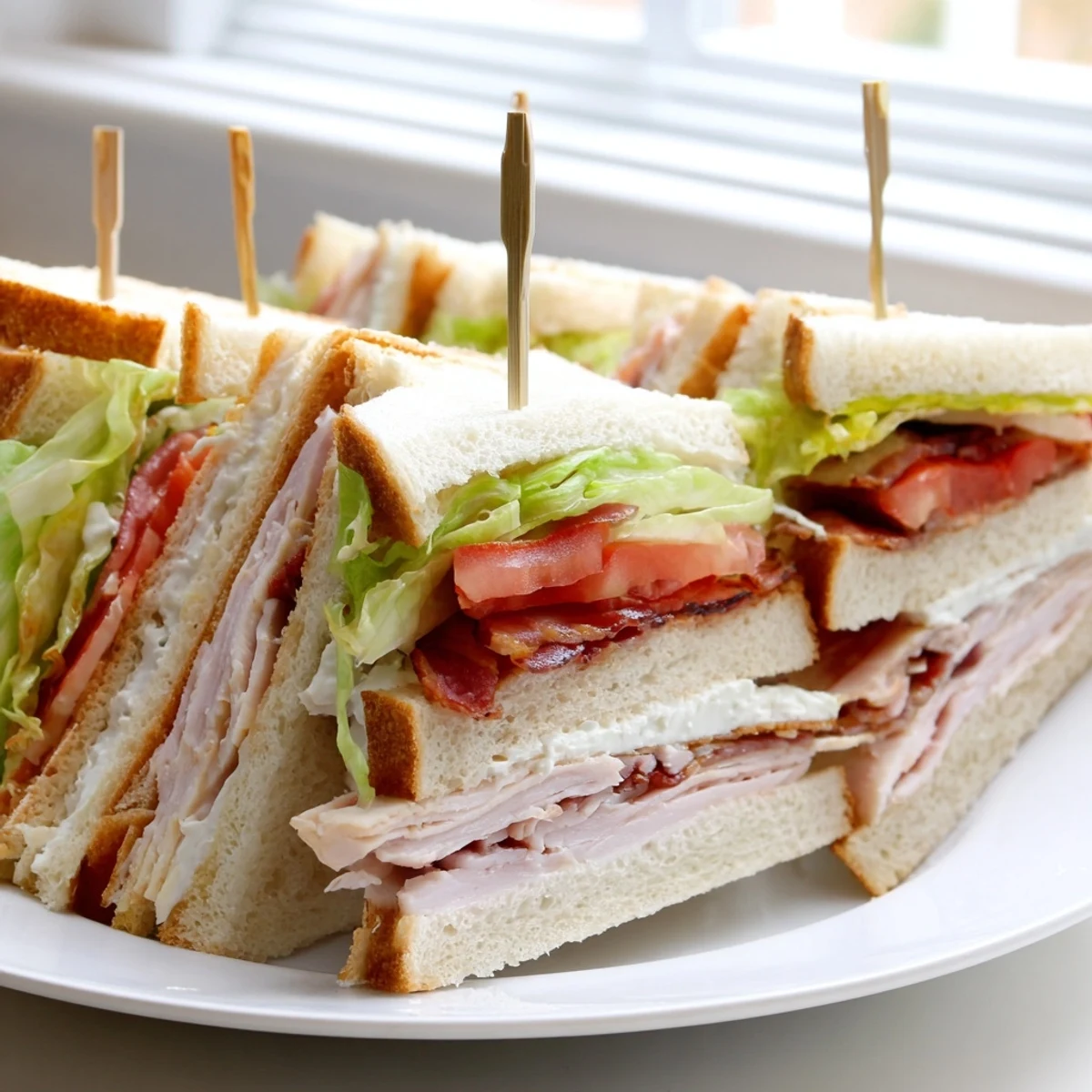 Classic Club Sandwich with golden toast, creamy mayo, and fresh iceberg lettuce layers