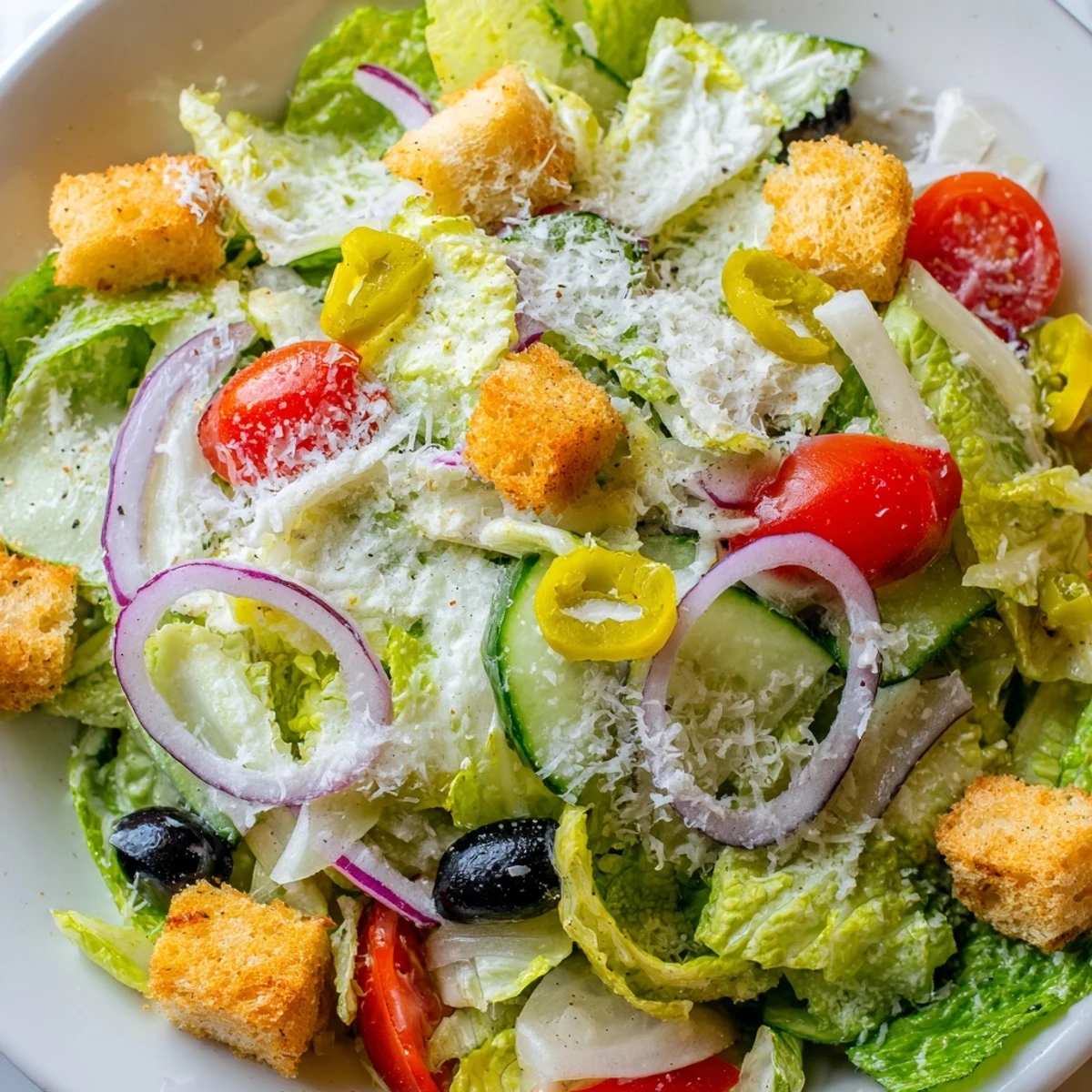 Crisp Olive Garden Salad with tangy Italian dressing and golden garlic croutons served fresh