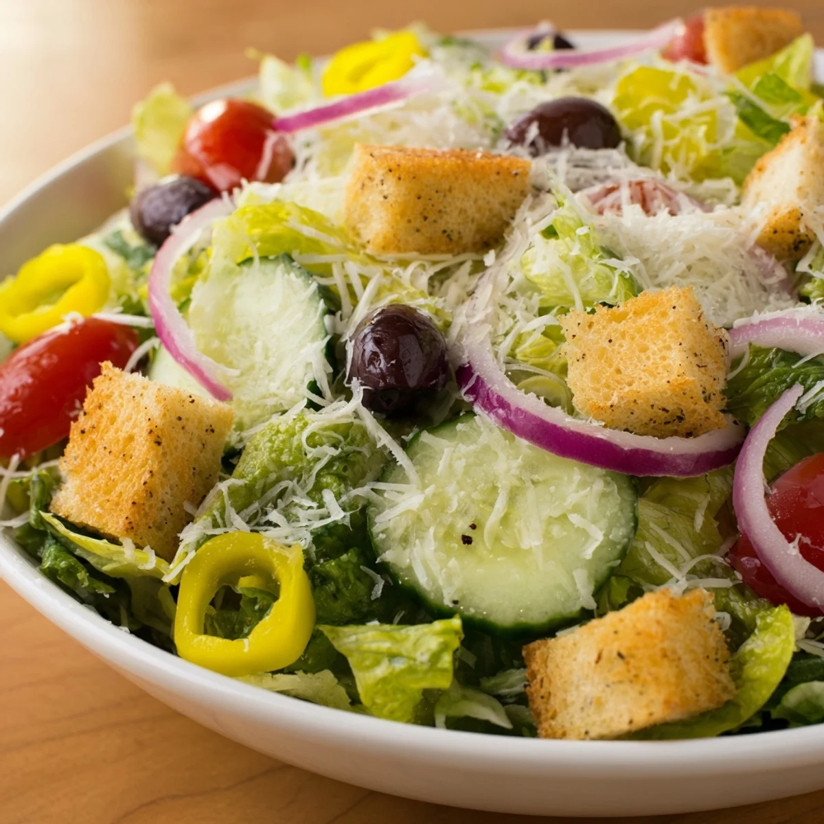 Fresh Olive Garden Salad topped with grated Parmesan, pepperoncini, and creamy Italian vinaigrette