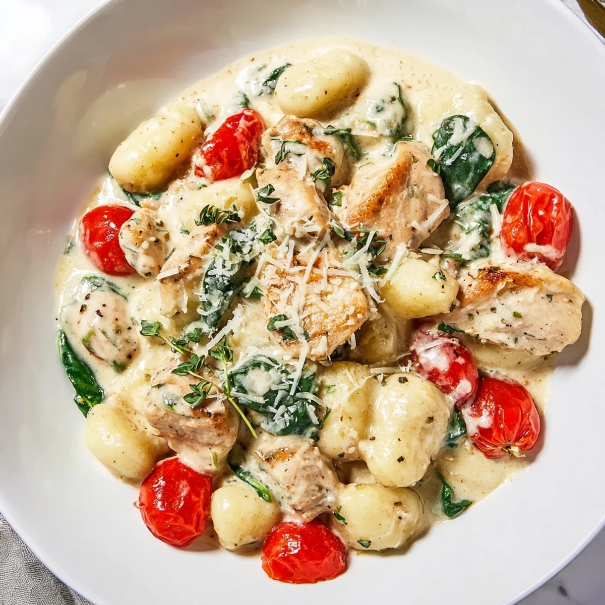 Creamy herb chicken gnocchi skillet bubbling in a golden cast iron pan