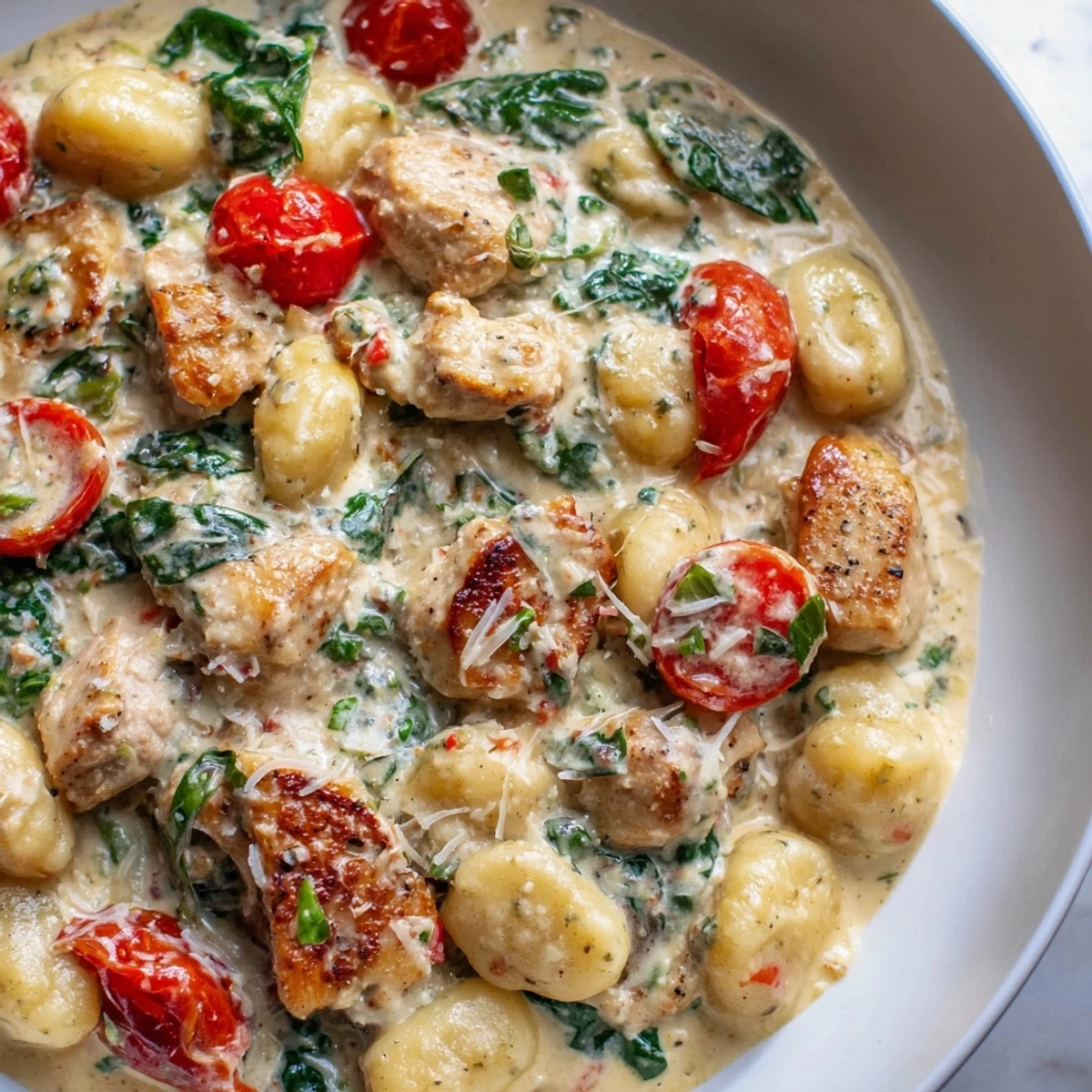 Creamy herb chicken gnocchi skillet served with wilted spinach and crusty bread