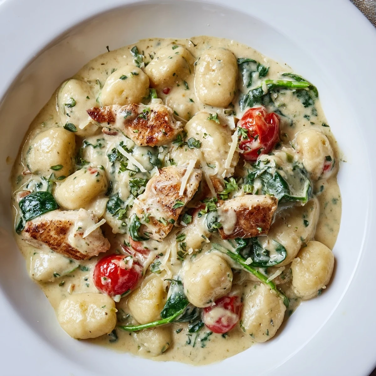 Steaming bowl of creamy herb chicken gnocchi skillet topped with fresh parsley