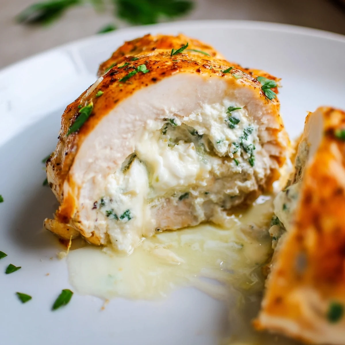 Golden goat cheese chicken breasts stuffed with herbs and baked until juicy