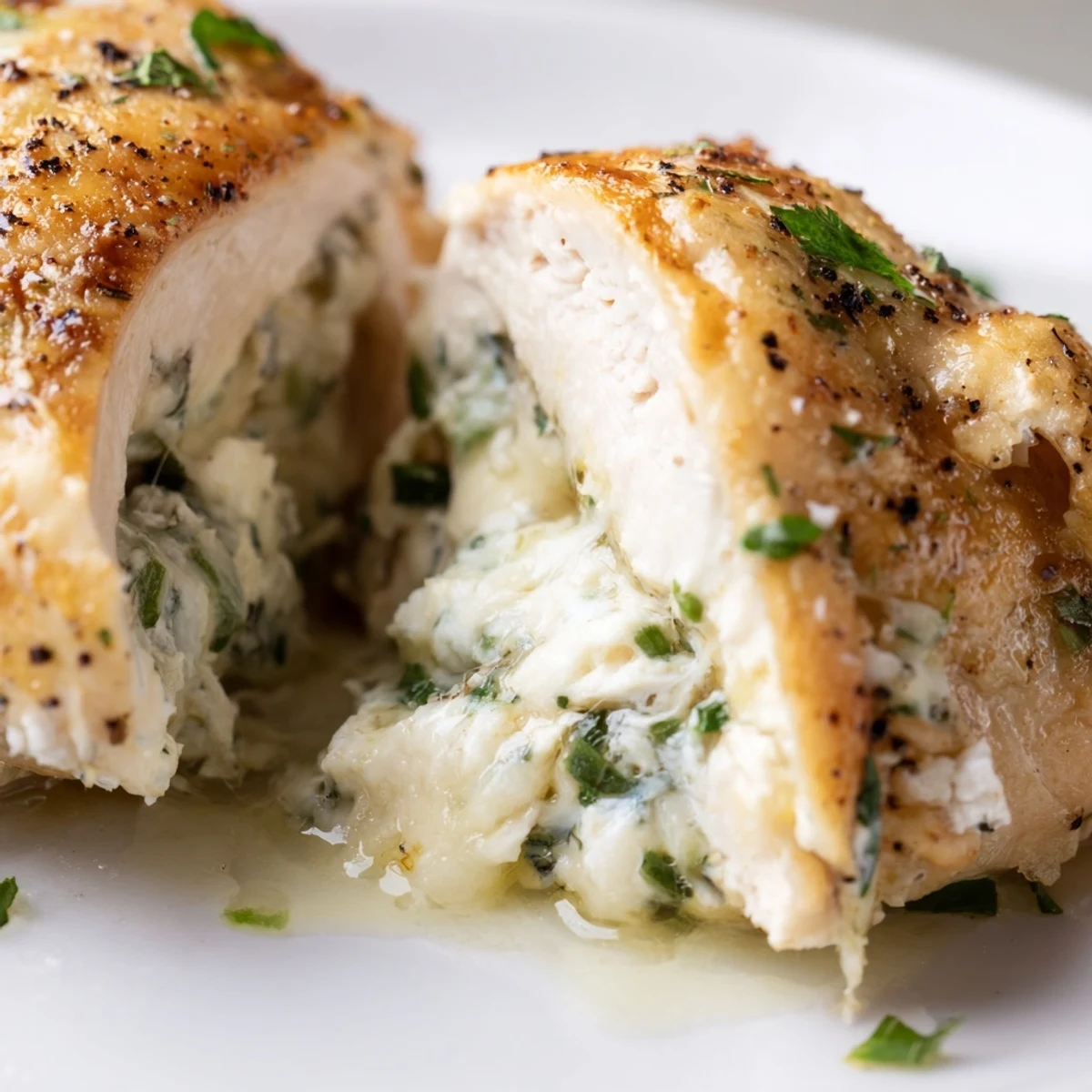 Creamy goat cheese chicken sliced open to reveal a herbed lemon filling