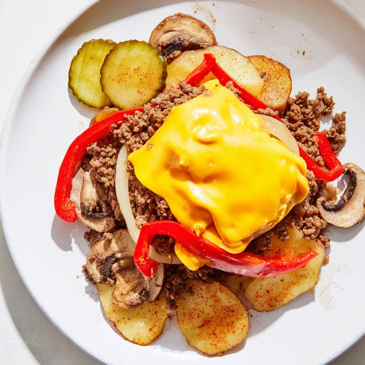 Melty cheddar topping juicy beef patties in campfire cheeseburger hobo packets with tender vegetables