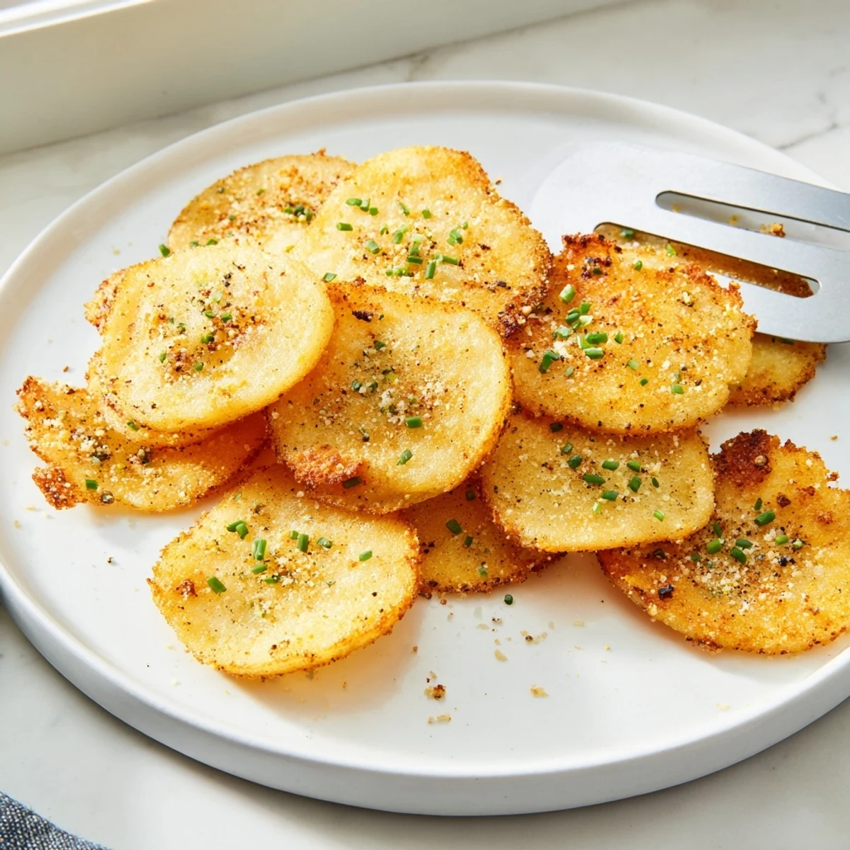Golden cottage cheese chips arranged on parchment with a sprinkle of parmesan and chives