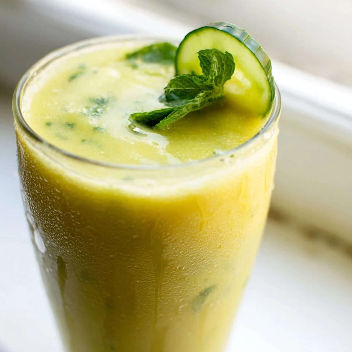 Creamy green mango cucumber smoothie topped with a crisp cucumber ribbon slice