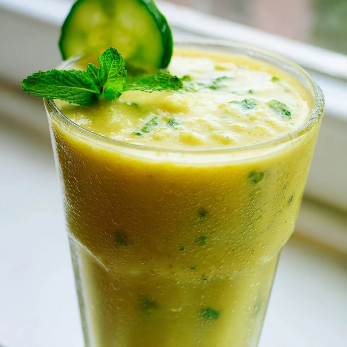 A vibrant mango cucumber smoothie poured into a glass with fresh mint garnish