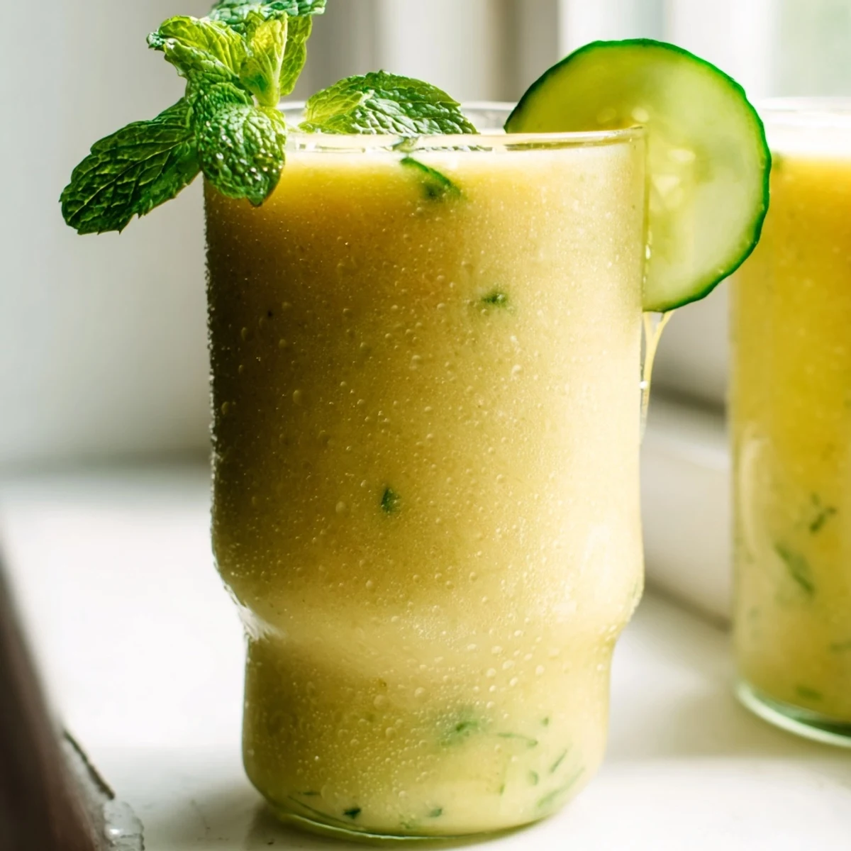 Tropical mango cucumber smoothie blended until silky smooth and served ice cold