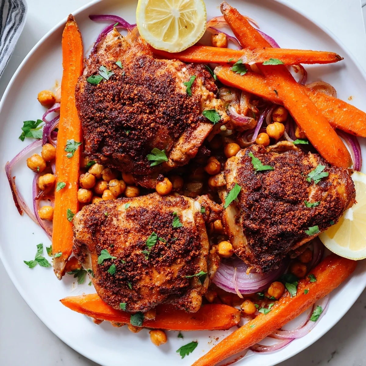 Golden sumac chicken roasted over spiced carrots and chickpeas on a sheet pan