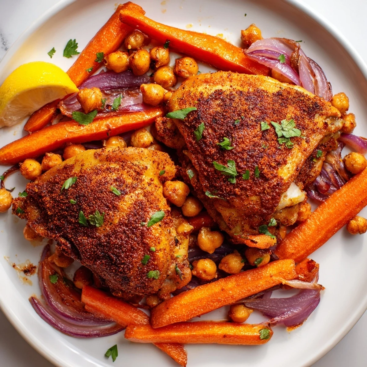 Tender sumac chicken with caramelized carrots and chickpeas garnished with fresh parsley
