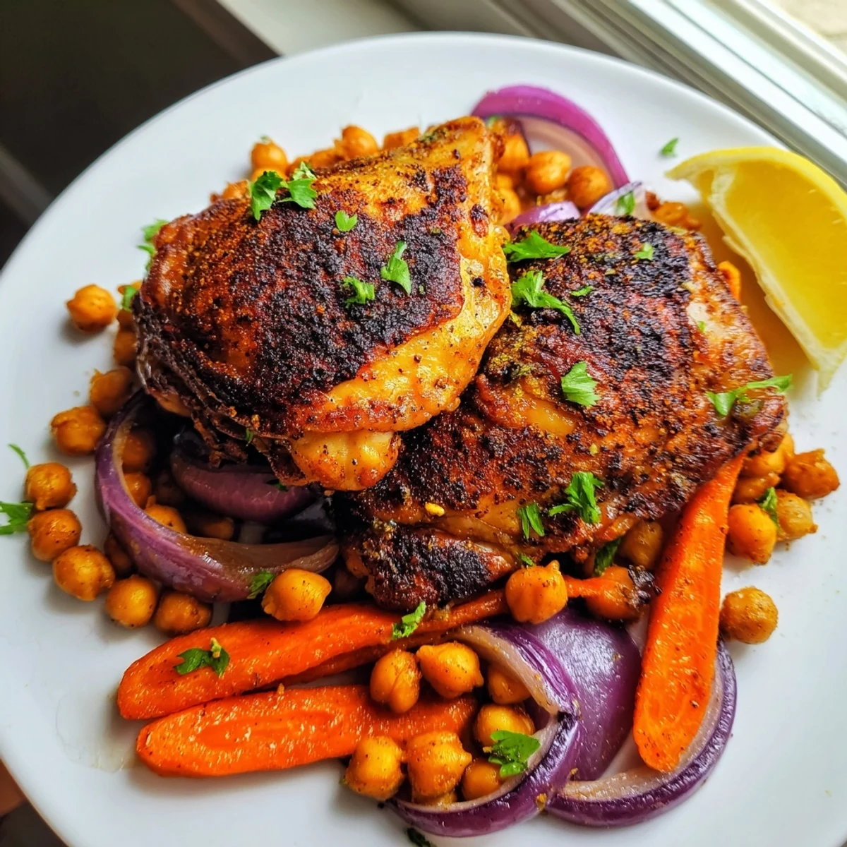 Juicy sumac chicken thighs nestled among roasted carrots, chickpeas, and red onion