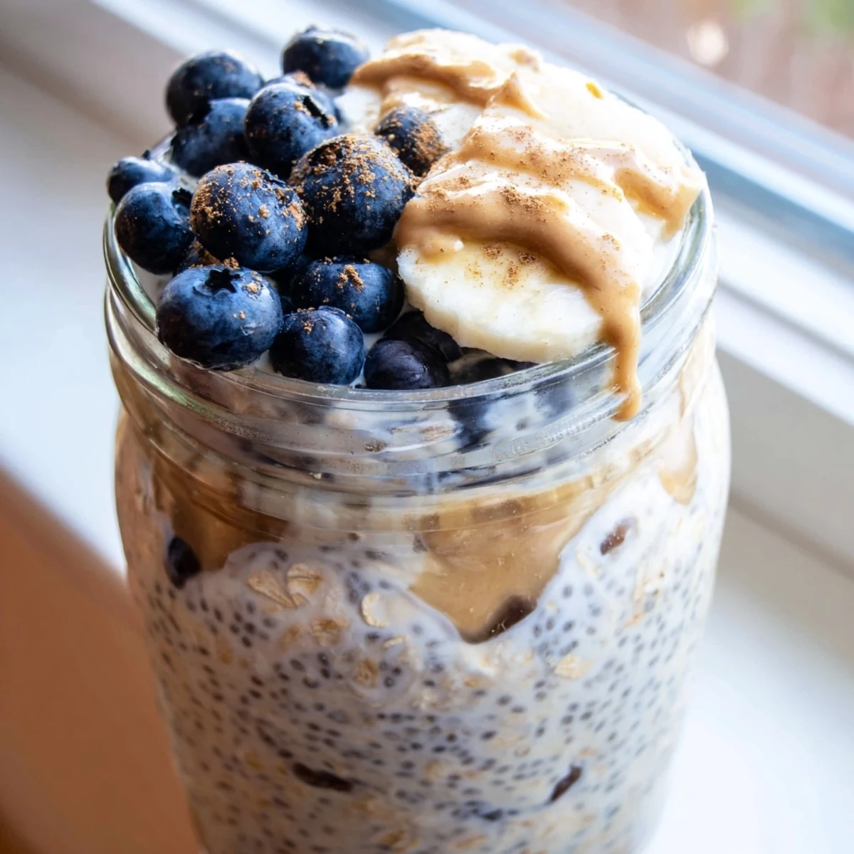 Thick creamy protein overnight oats topped with fresh berries in a glass jar