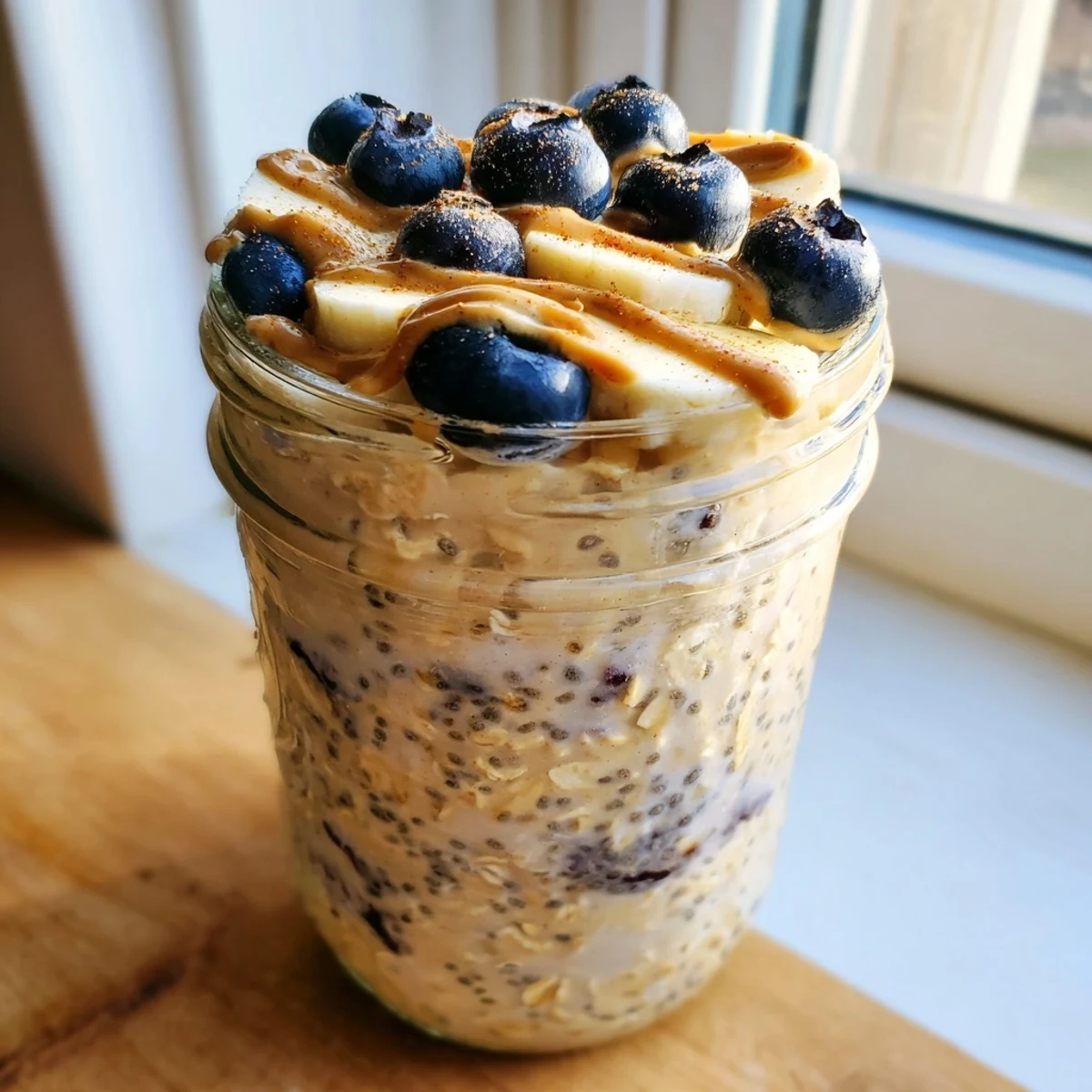 Golden protein overnight oats in mason jars drizzled with nut butter and chia seeds