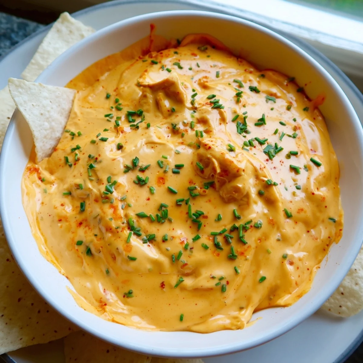 Warm cheese dip garnished with chives, served alongside crispy tortilla chips