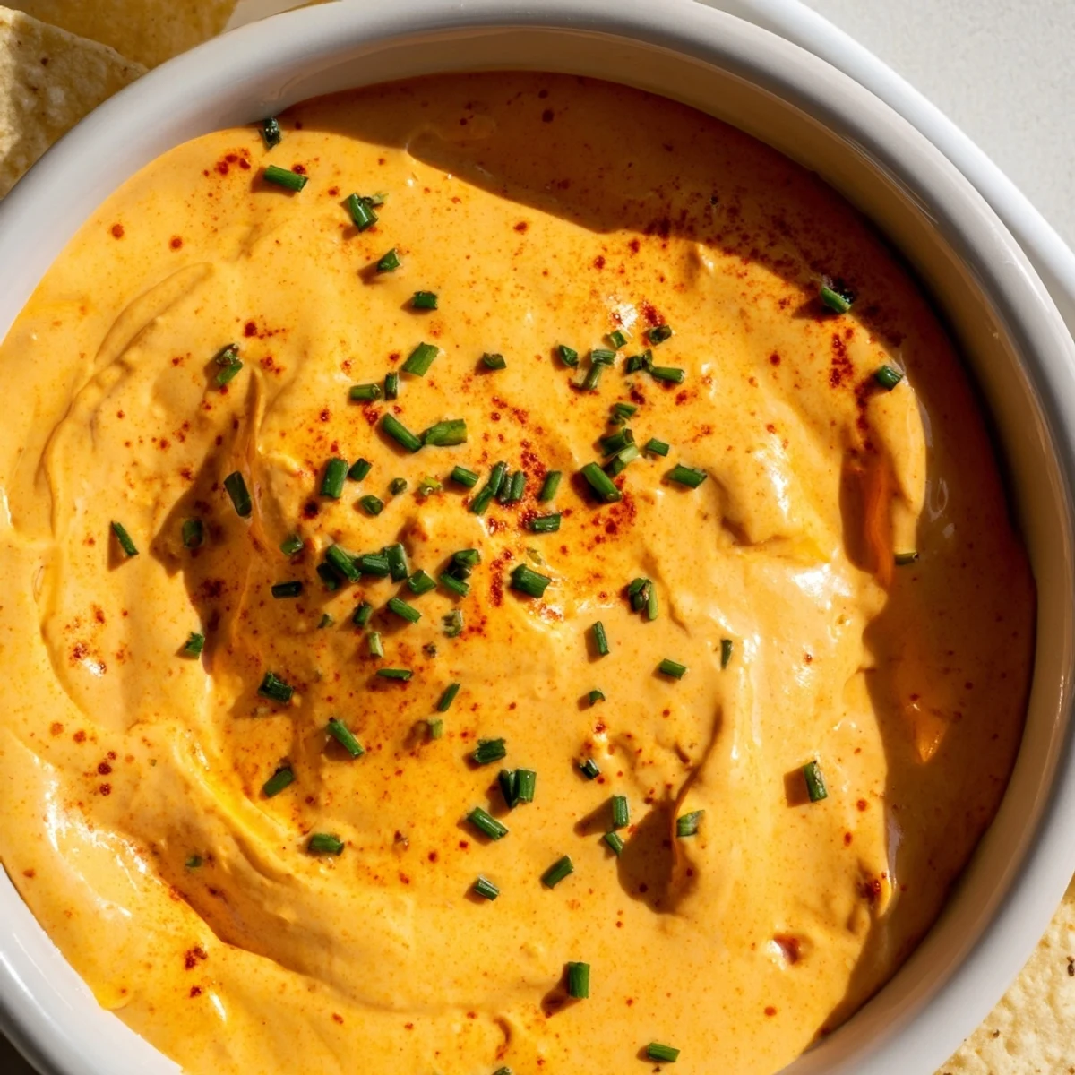 Smooth, melted cheese dip topped with paprika, surrounded by fresh veggie sticks