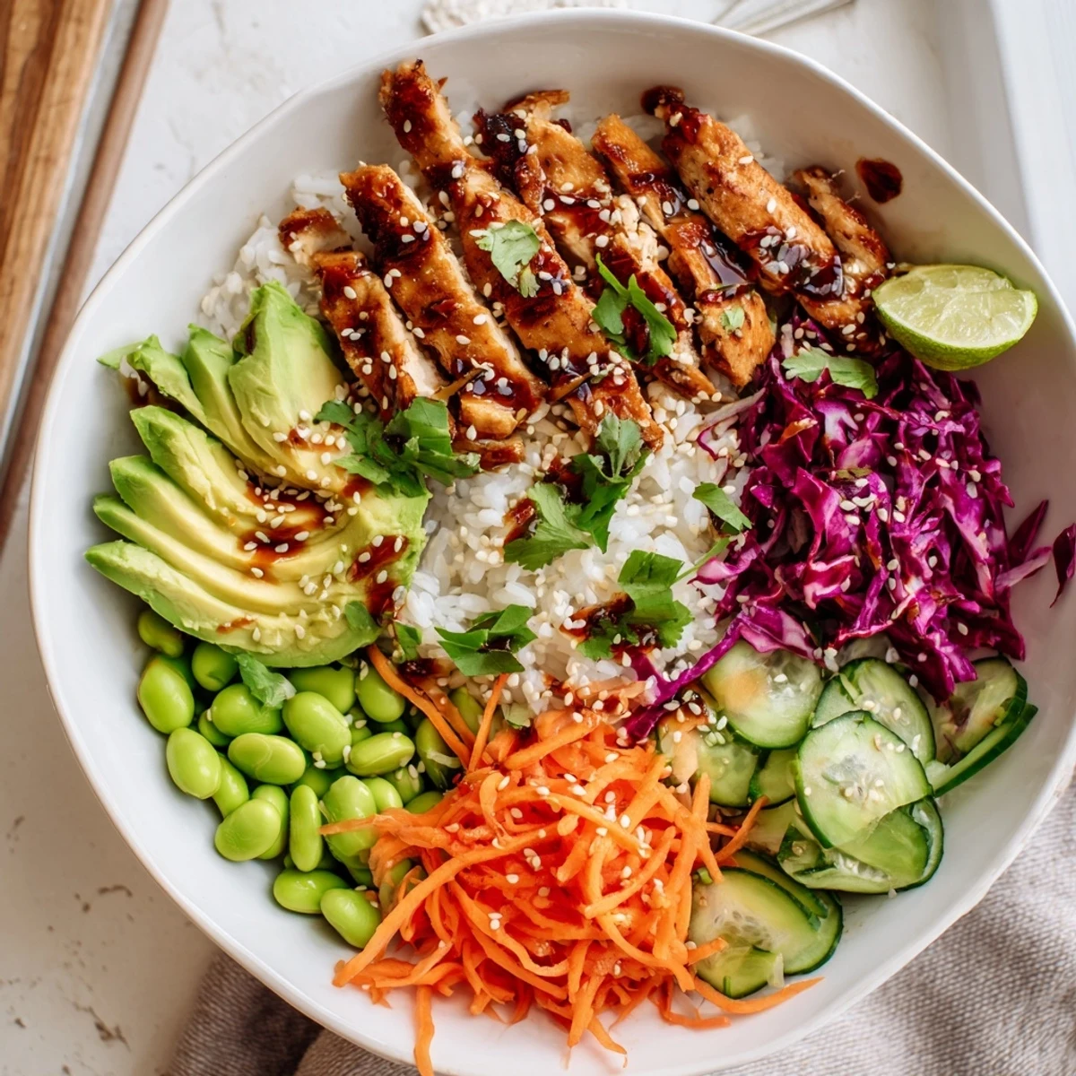 Asian Inspired Chicken Power Bowl with colorful crisp vegetables and sesame dressing