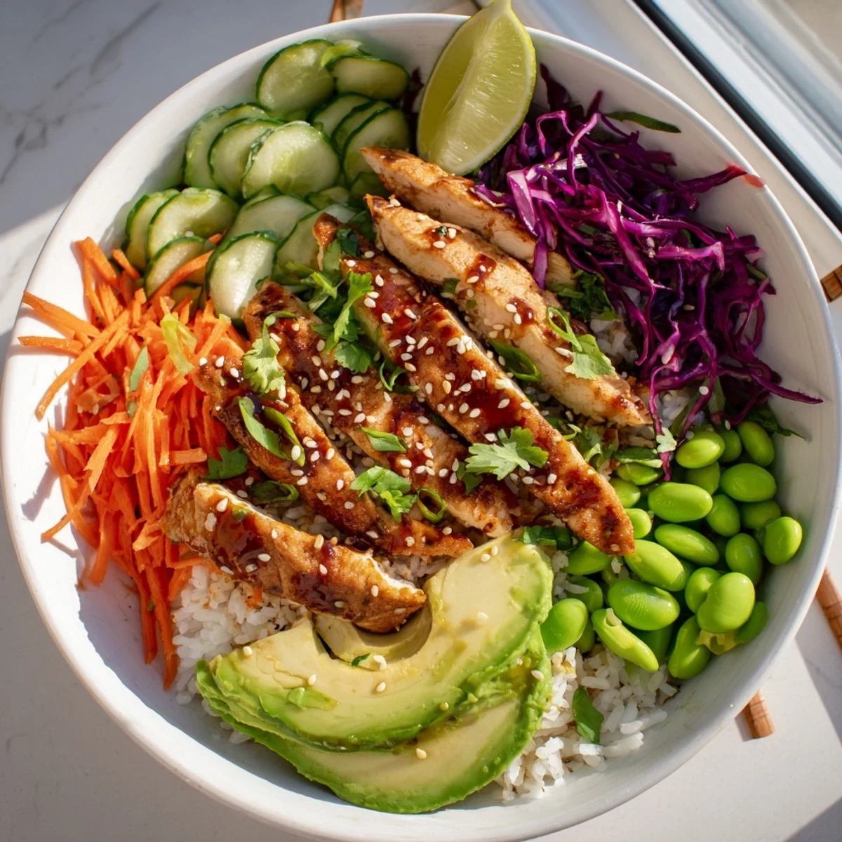 Golden marinated chicken strips over brown rice with fresh avocado and shredded cabbage