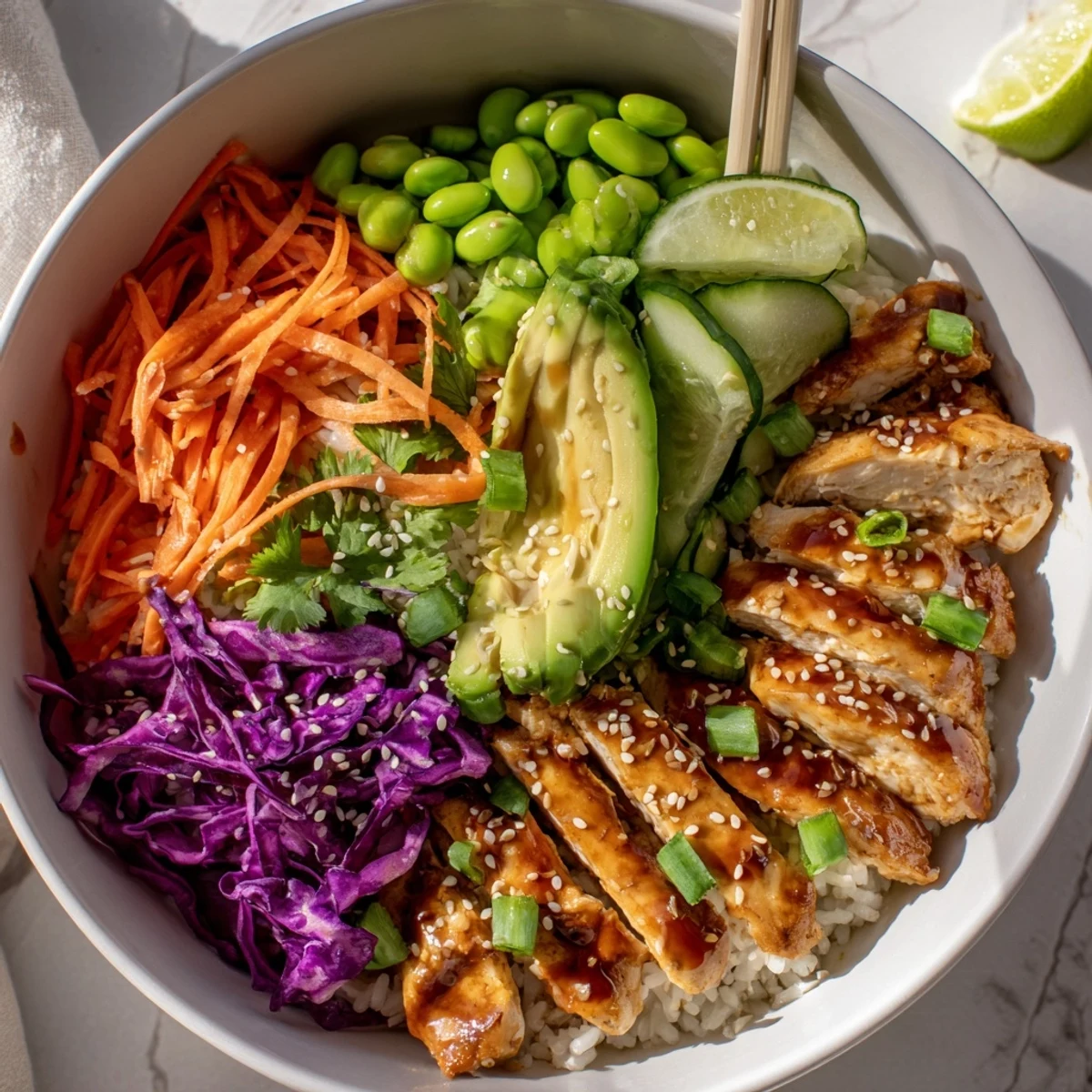 Vibrant Asian Inspired Chicken Power Bowl drizzled with tangy ginger sauce and sesame seeds