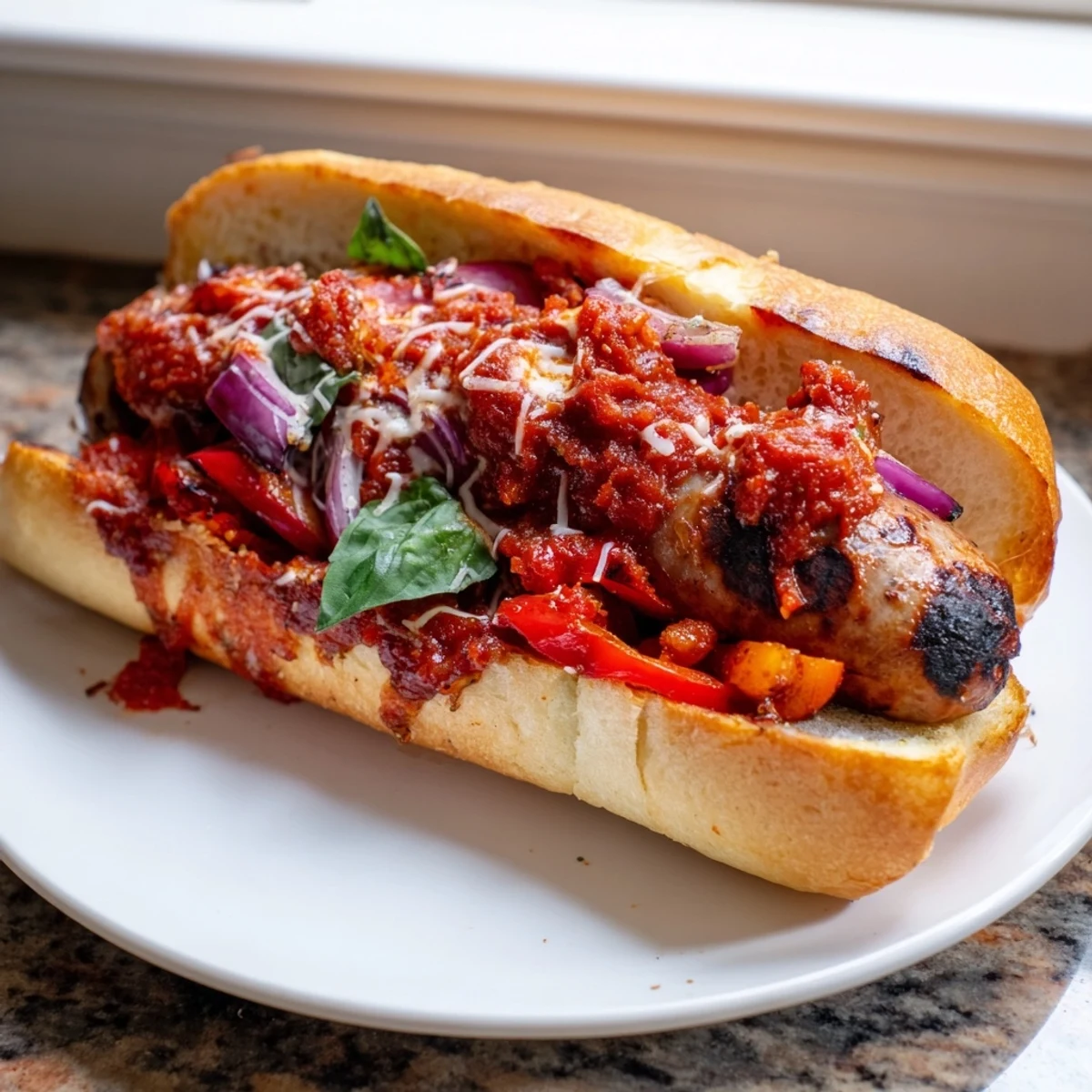 Crusty grilled sausage grinders loaded with smoky tomato sauce and melted cheese