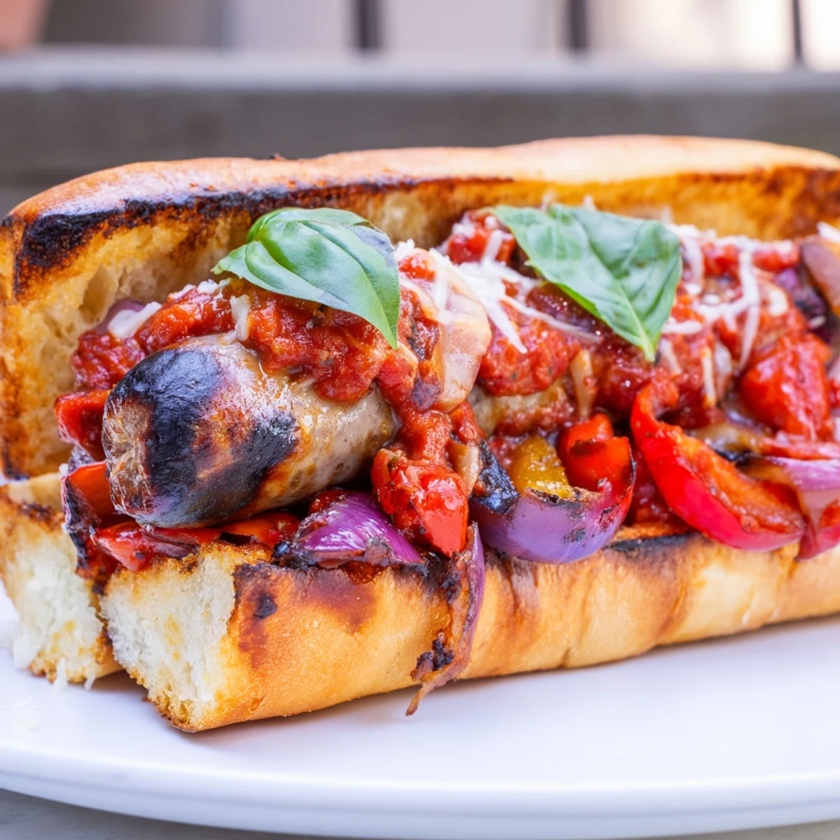 Juicy sausages tucked into toasted hoagie rolls dripping with charred tomato sauce