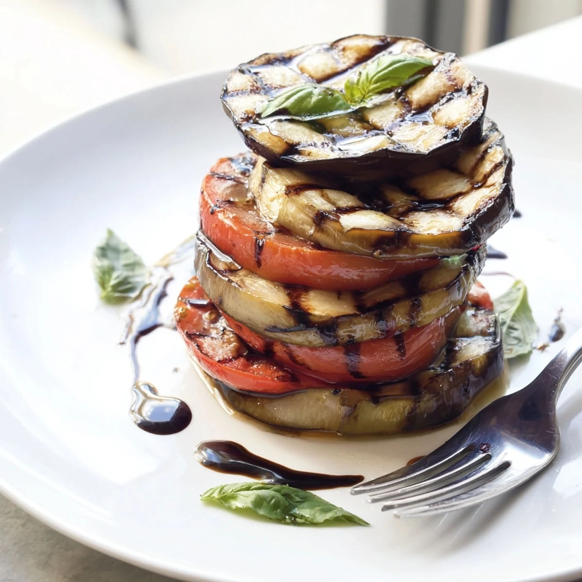 Smoky grilled tomato eggplant slices layered on a platter with fresh basil