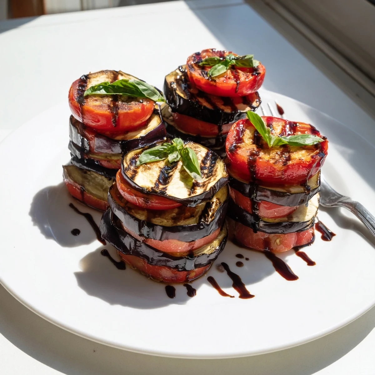 Tender grilled tomato eggplant rounds glistening with olive oil and herbs