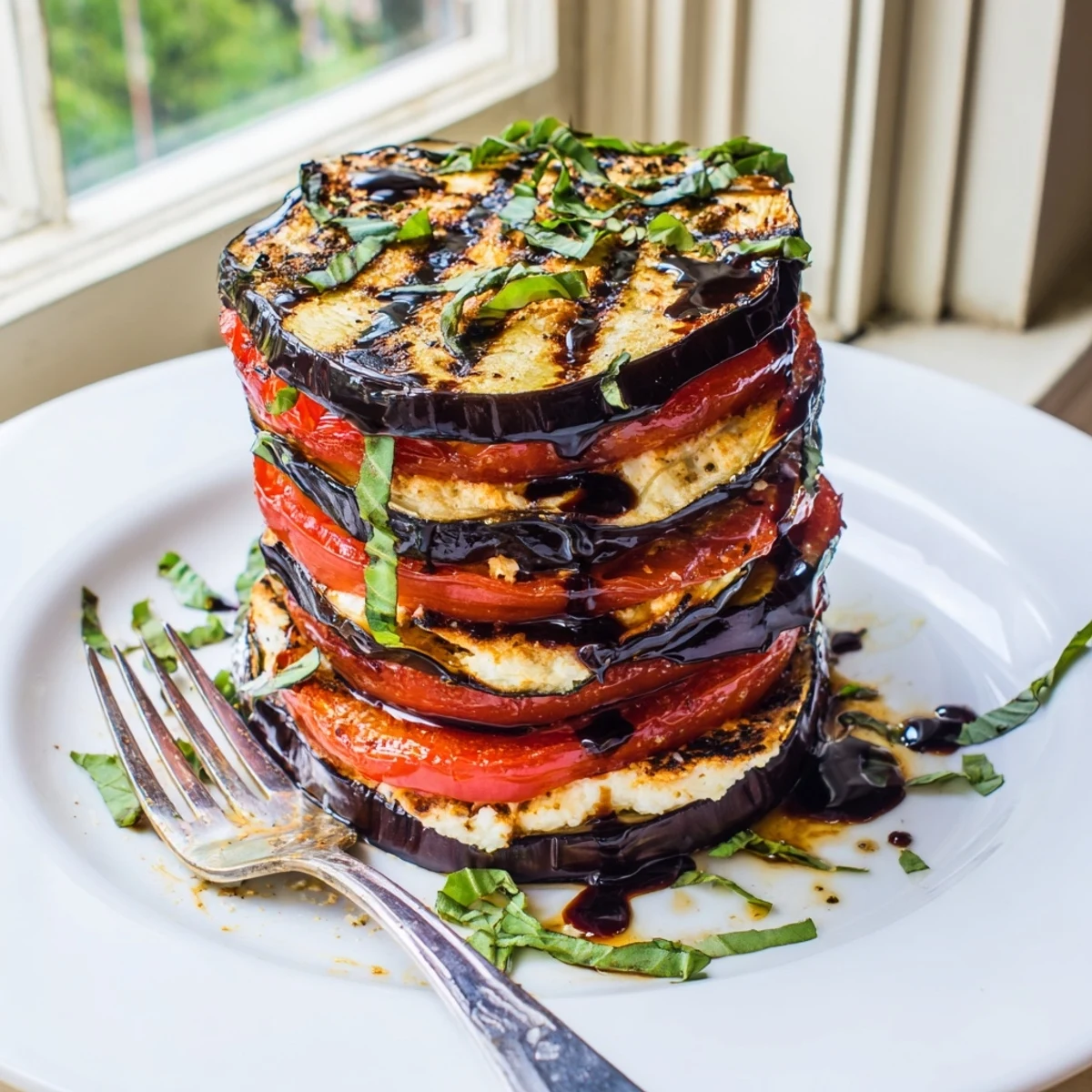 Charred grilled tomato eggstacked alternately and drizzled with shiny balsamic glaze