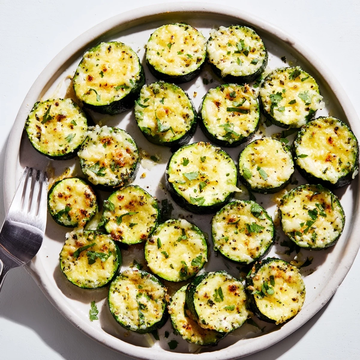 Golden baked lemon pepper Parmesan zucchini rounds garnished with fresh parsley on a white plate