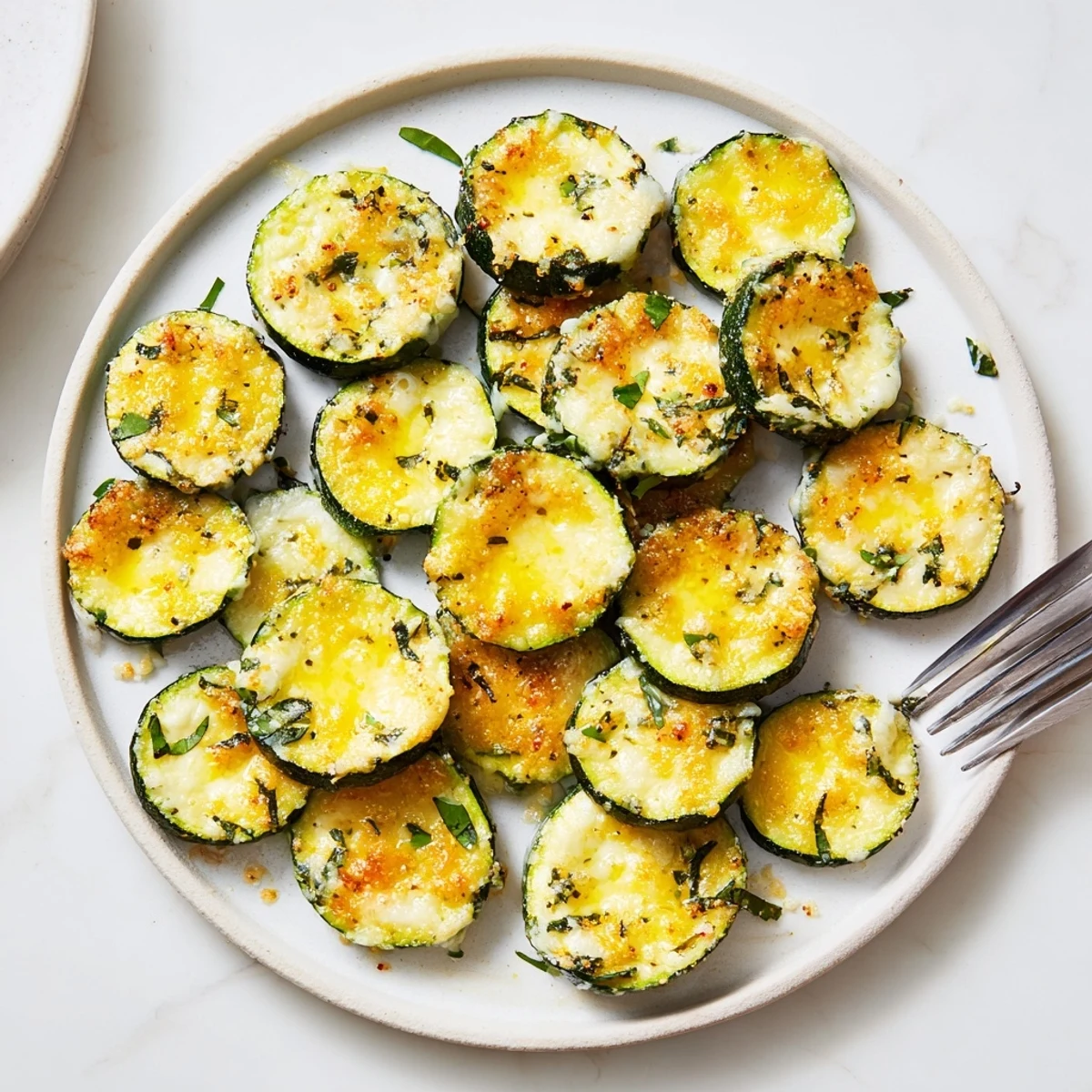Tender zucchini slices coated in melted Parmesan and zesty lemon pepper fresh from the oven