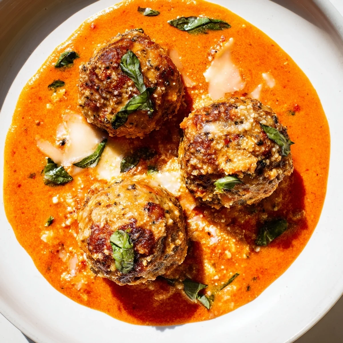 Golden brown meatballs nestled in creamy tomato basil sauce topped with Parmesan and fragrant basil leaves
