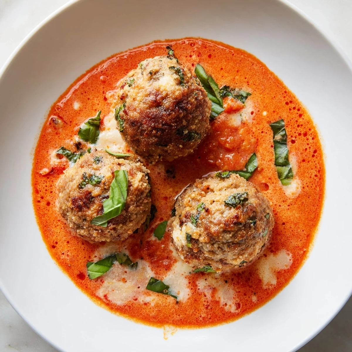 Tender creamy tomato basil meatballs swimming in a rich, velvety red sauce with fresh herb garnish