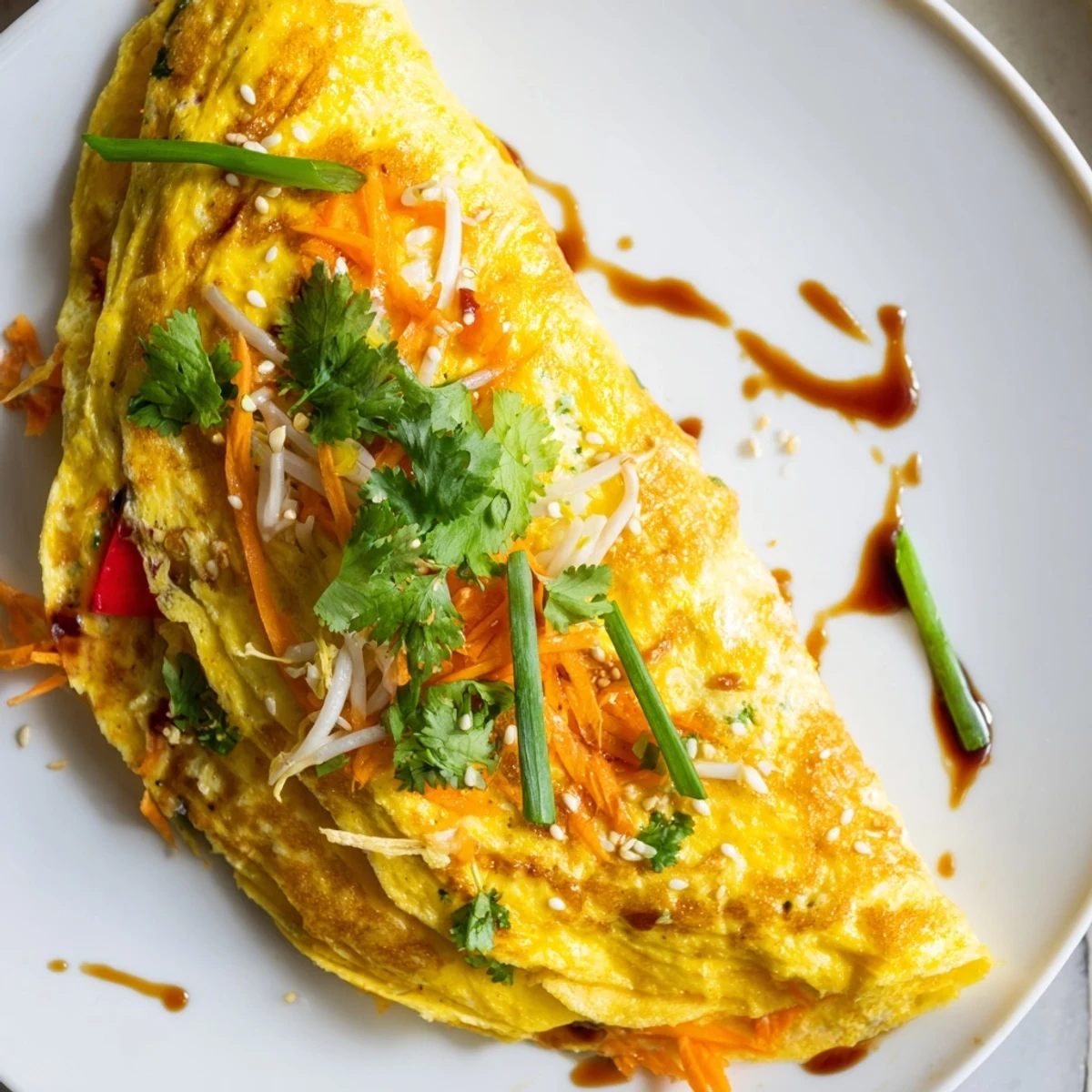 Savory Chinese omelette garnished with cilantro and drizzled with sweet soy sauce