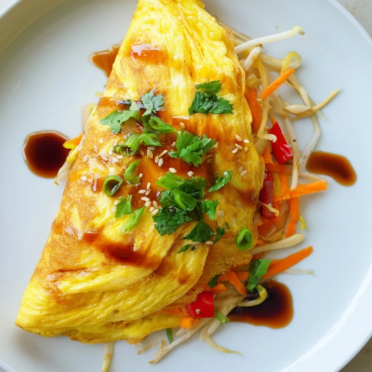 Fluffy Chinese omelette folded over colorful bell peppers, bean sprouts, and shredded carrots