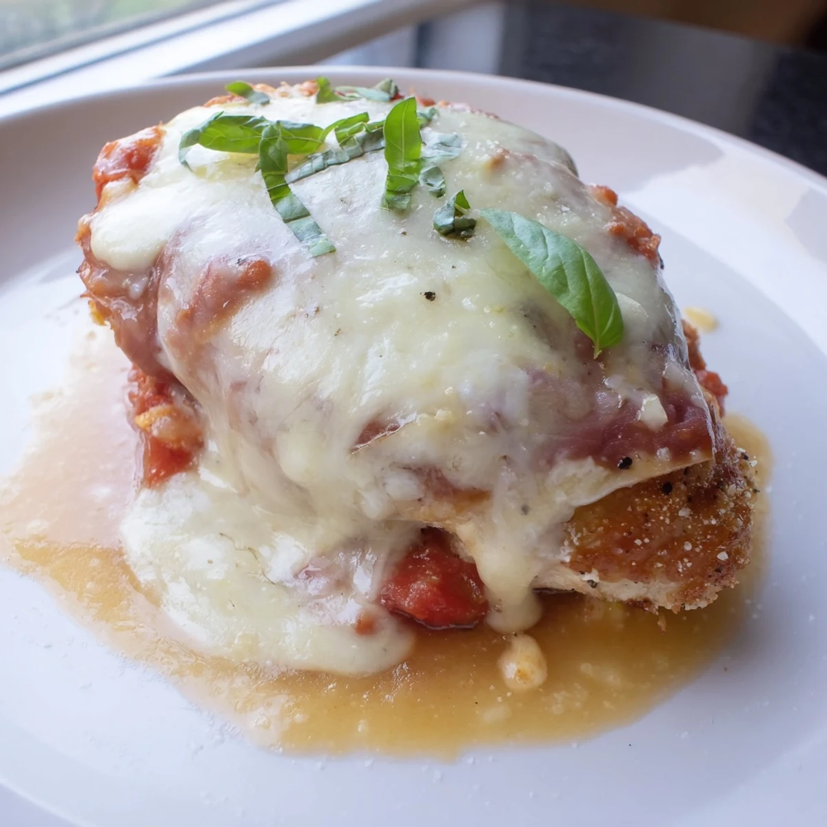 Golden chicken Valdostana topped with melted Fontina and prosciutto in rich tomato sauce