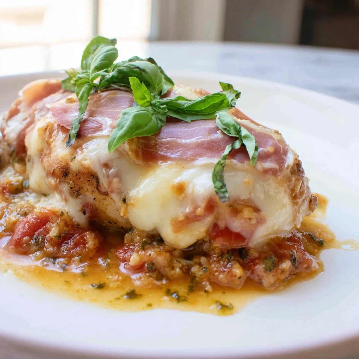 Crispy breaded chicken Valdostana bubbling with creamy cheese and savory wine tomato sauce