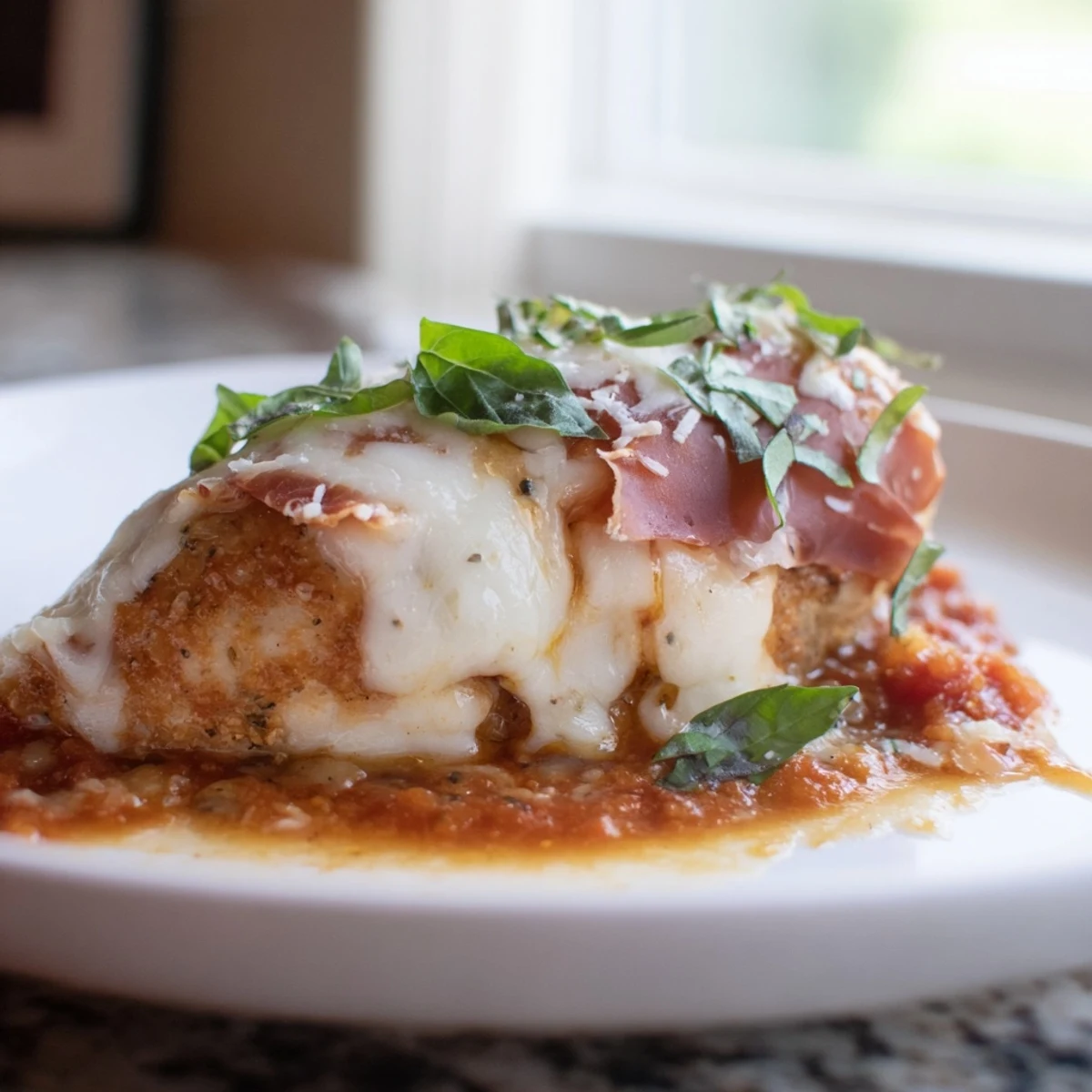 Tender chicken Valdostana layered with prosciutto and gooey Fontina resting in herbed marinara