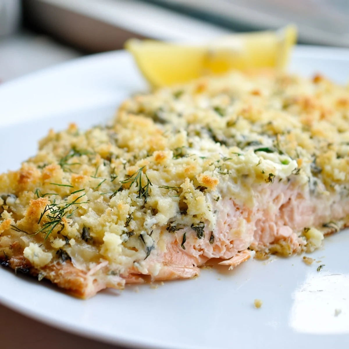 Tender baked salmon topped with melted garlic herb Boursin cheese and chives