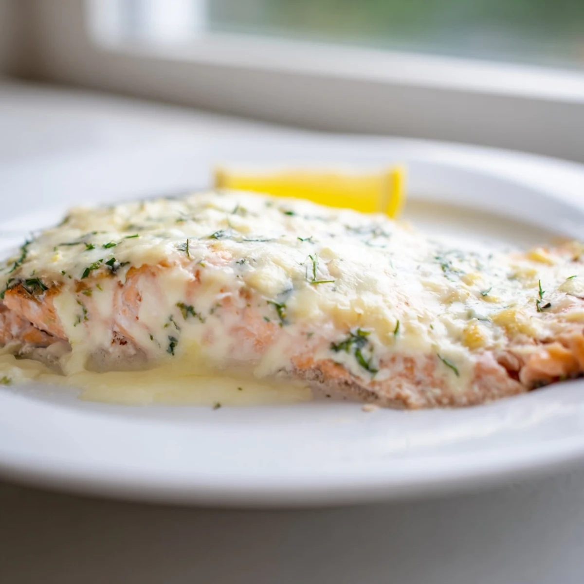 Creamy Boursin salmon fillets baked golden with fresh herbs and lemon zest