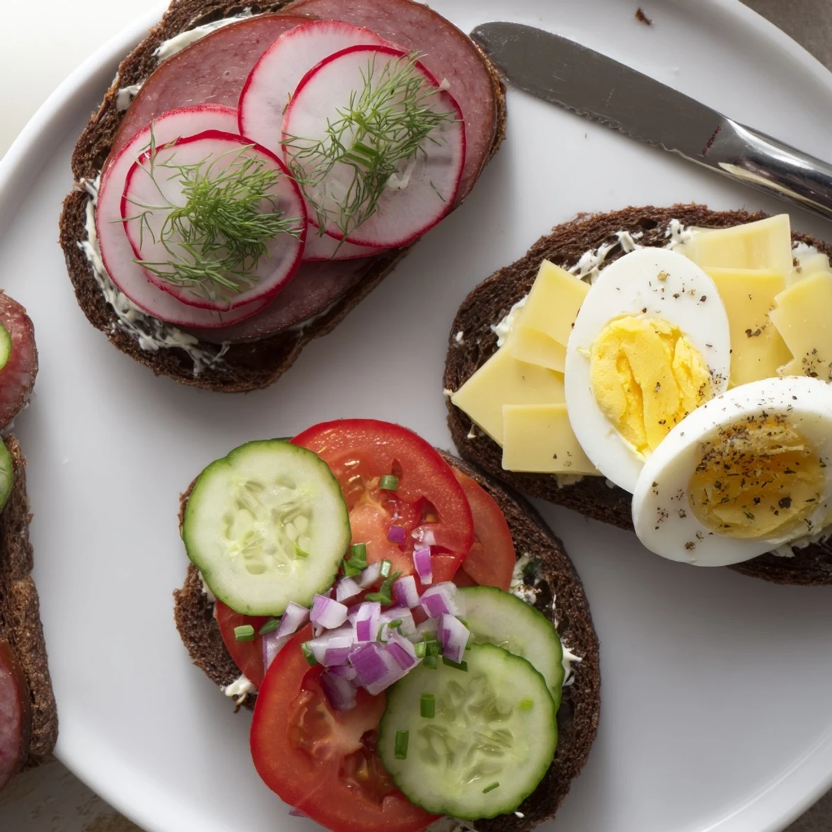 Open-faced Polish sandwiches with kielbasa, sliced egg, and fresh vegetables on rye bread